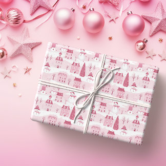 Snowy Pink Christmas Village  Wrapping Paper