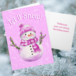 Snowy Pink White Snowman Personalized Card