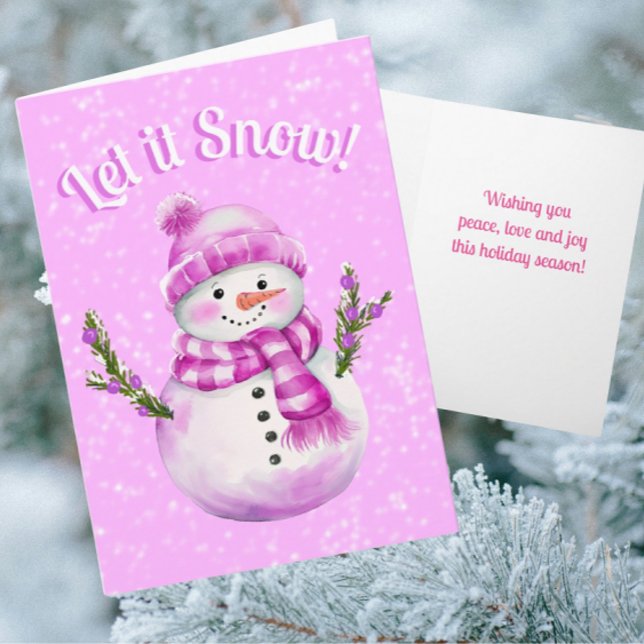 Snowy Pink White Snowman Personalized Card (Personalize this card with your own message on front and inside)