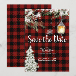 Snowy Plaid Christmas Holiday Party Save the Date Invitation