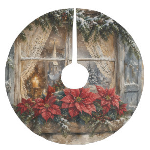 Snowy Poinsettia Christmas Window Brushed Polyester Tree Skirt