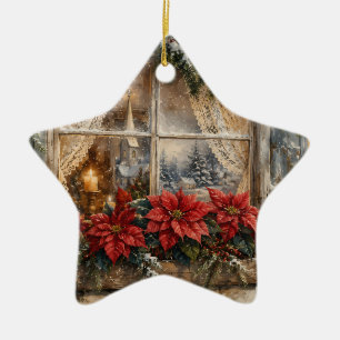Snowy Poinsettia Christmas Window Ceramic Tree Decoration