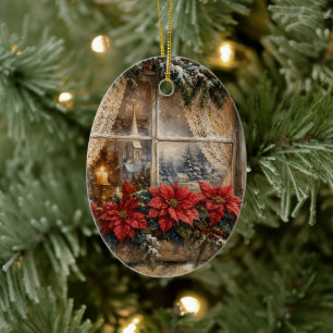 Snowy Poinsettia Christmas Window Ceramic Tree Decoration