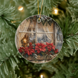 Snowy Poinsettia Christmas Window Ceramic Tree Decoration
