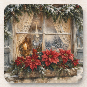 Snowy Poinsettia Christmas Window Coaster