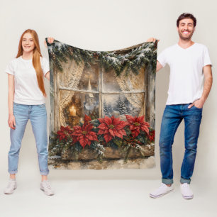 Snowy Poinsettia Christmas Window Fleece Blanket