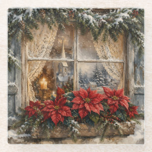 Snowy Poinsettia Christmas Window Glass Coaster