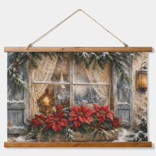 Snowy Poinsettia Christmas Window Hanging Tapestry