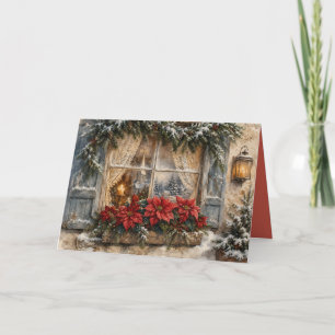 Snowy Poinsettia Christmas Window Holiday Card