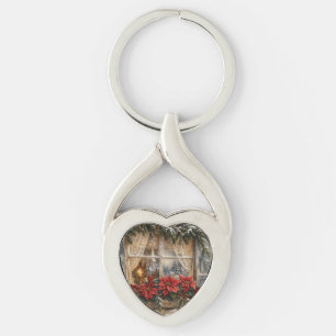Snowy Poinsettia Christmas Window Key Ring