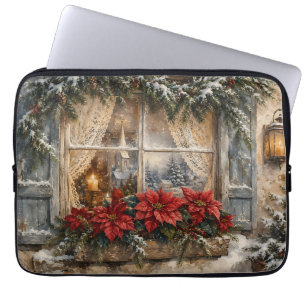 Snowy Poinsettia Christmas Window Laptop Sleeve