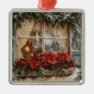 Snowy Poinsettia Christmas Window Metal Tree Decoration