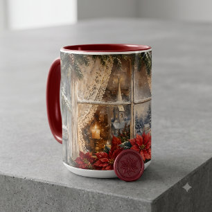 Snowy Poinsettia Christmas Window Mug
