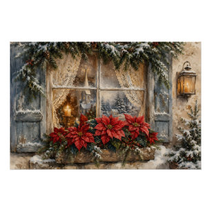 Snowy Poinsettia Christmas Window Poster