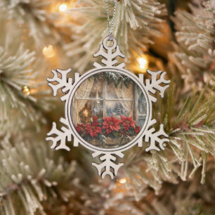 Snowy Poinsettia Christmas Window Snowflake Pewter Christmas Ornament