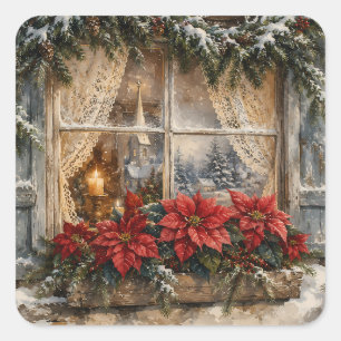 Snowy Poinsettia Christmas Window Square Sticker