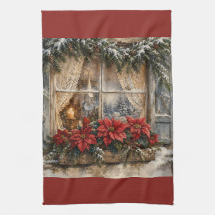 Snowy Poinsettia Christmas Window Tea Towel