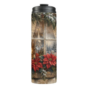 Snowy Poinsettia Christmas Window Thermal Tumbler