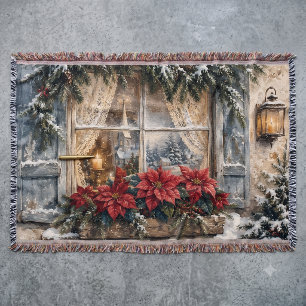 Snowy Poinsettia Christmas Window Throw Blanket