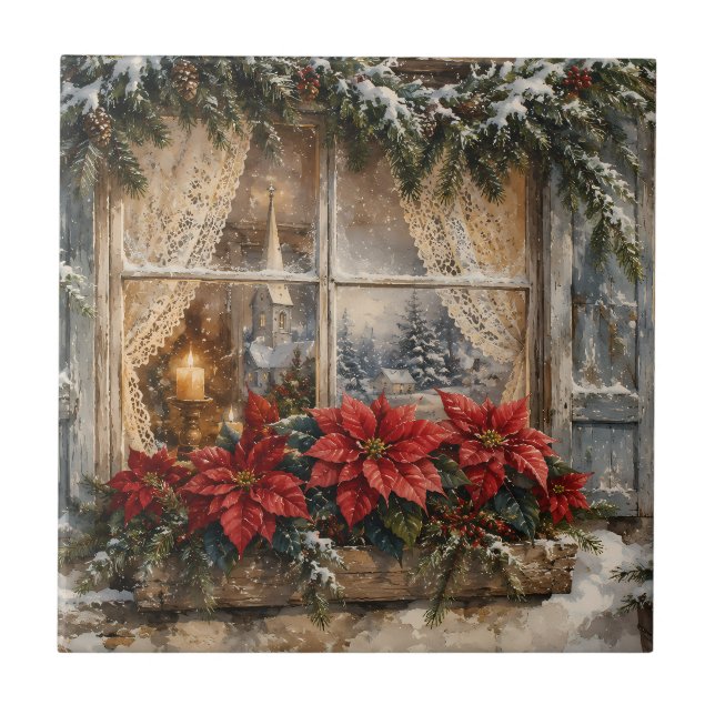 Snowy Poinsettia Christmas Window Tile (Front)