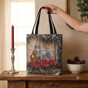 Snowy Poinsettia Christmas Window Tote Bag