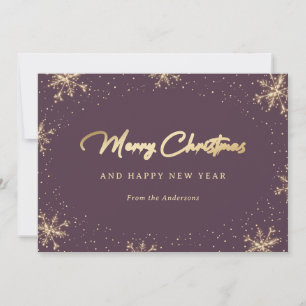 Snowy Purple and Gold Snowflakes Holiday Card