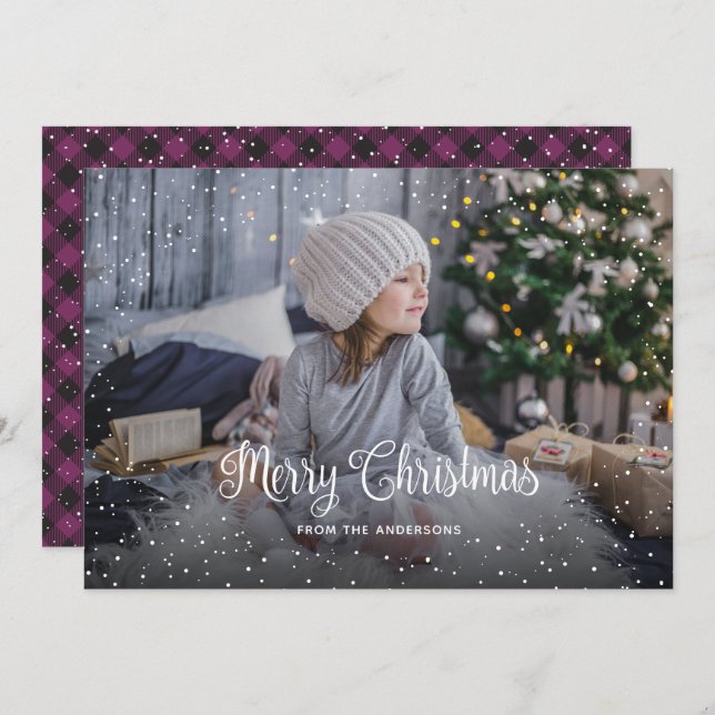 Snowy Purple Buffalo Plaid Photo Christmas Cards (Front/Back)
