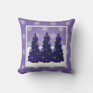 Snowy Purple Christmas Tree Throw Pillow