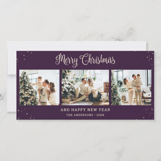 Snowy Purple Merry Christmas Photo Holiday Card (Front)
