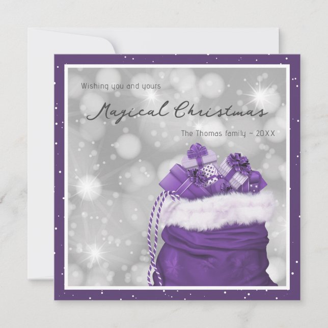 Snowy Purple Santa's Bag Magical Christmas Holiday Card (Front)