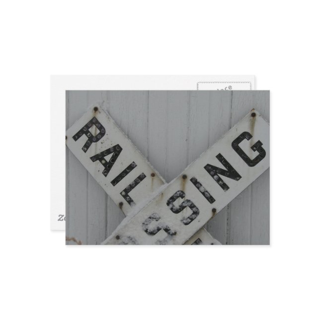 Snowy Rail Crossing Sign Postcard (Front/Back In Situ)
