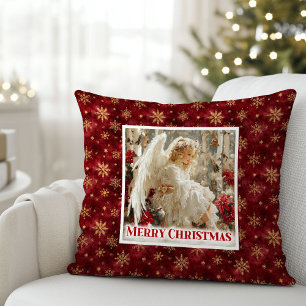 Snowy Red and Gold Angel Vintage Gift Pillow
