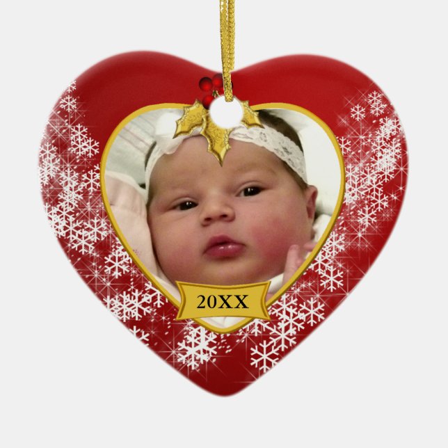 Snowy Red Baby's First Christmas Photo Ceramic Tree Decoration (Front)