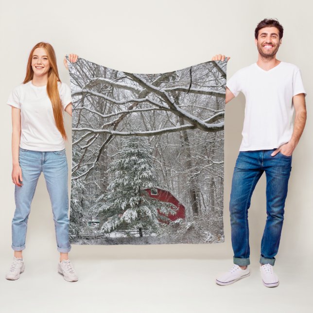 Snowy Red Barn Fleece Blanket (In Situ)