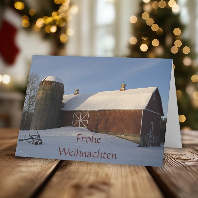 Snowy Red Barn Frohe Weihnachten German Christmas Holiday Card (Creator Uploaded)