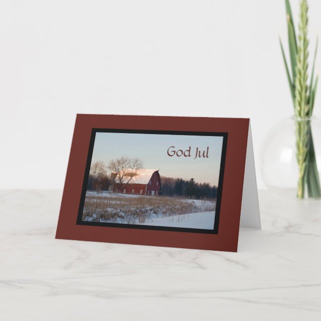 Snowy Red Barn God Jul Swedish Christmas Card (Front)