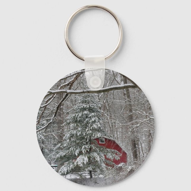 Snowy Red Barn Key Ring (Front)