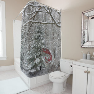 Snowy Red Barn Shower Curtain
