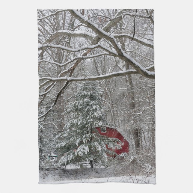 Snowy Red Barn Tea Towel (Vertical)