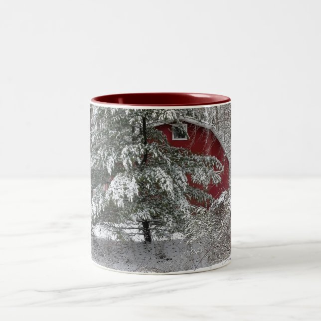Snowy Red Barn Two-Tone Coffee Mug (Center)