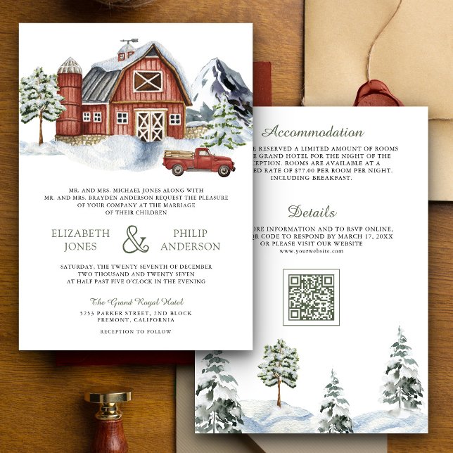 Snowy Red Barn Winter Christmas QR Code Wedding Invitation (Creator Uploaded)