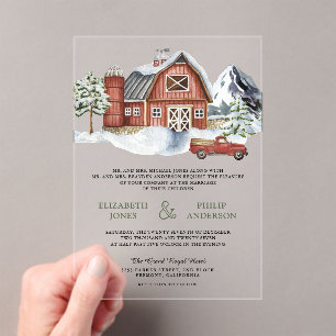 Snowy Red Barn Winter Christmas Wedding Acrylic Invitations