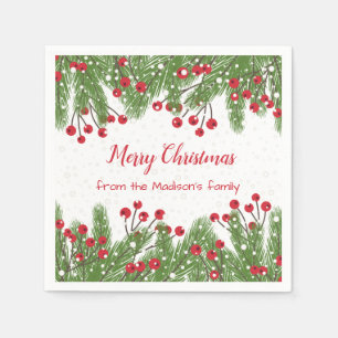 Snowy red berries, pine Christmas Napkin