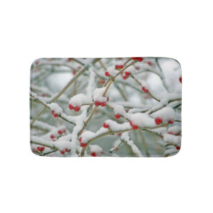 Snowy Red Berries Winter Scene Bath Mat