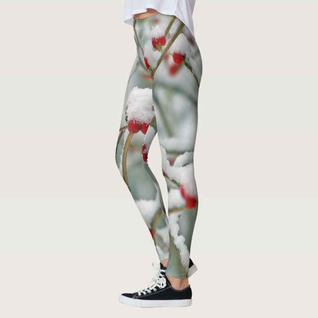 Snowy Red Berries Winter Scene Leggings (Left)