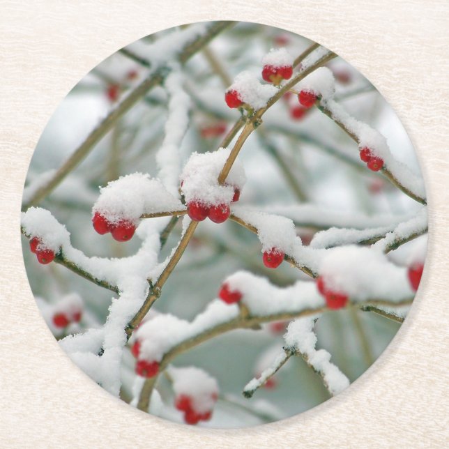 Snowy Red Berries Winter Scene Round Paper Coaster (Front)