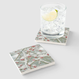 Snowy Red Berries Winter Scene Stone Coaster