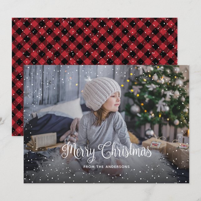 Snowy Red Buffalo Plaid Photo Christmas Cards (Front/Back)