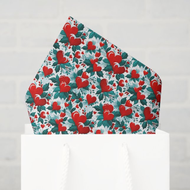 Snowy Red Christmas Hearts and Holly Tissue Paper (Gift Bag)