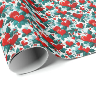 Snowy Red Christmas Hearts and Holly Wrapping Paper